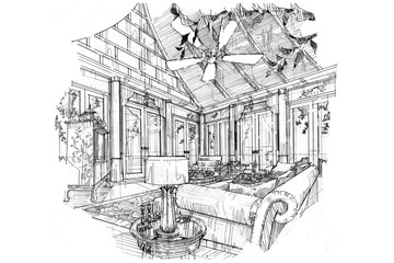 sketch stripes living room, black and white interior design.