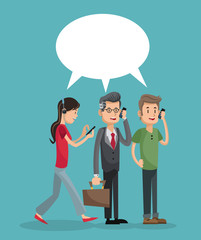 People cartoons with smartphone bubble and gadgets icon. Mobile theme. Colorful design. Vector illustration