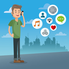 Man cartoon talking with smartphone and bubble icon. Mobile people theme. Colorful design. Vector illustration