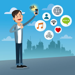 Boy cartoon taking selfie with smartphone icon. Mobile people theme. Colorful design. Vector illustration