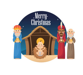 Three wise men cartoon with gift and baby jesus icon. Holy family and merry christmas season theme. Colorful design. Vector illustration