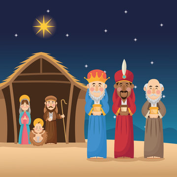 Mary joseph jesus and wise men icon. Holy family and merry christmas season theme. Colorful design. Vector illustration