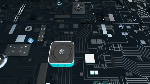 Seamless looping 3D animation of a bluish futuristic circuit board with a skull icon