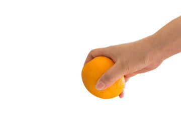 Tasty orange in a hand isolated on white background. This has cl