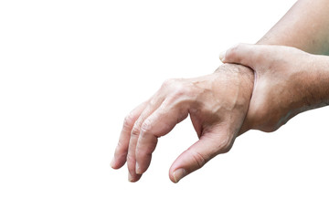 Man holds his hand acute pain in a wrist isolated on white backg