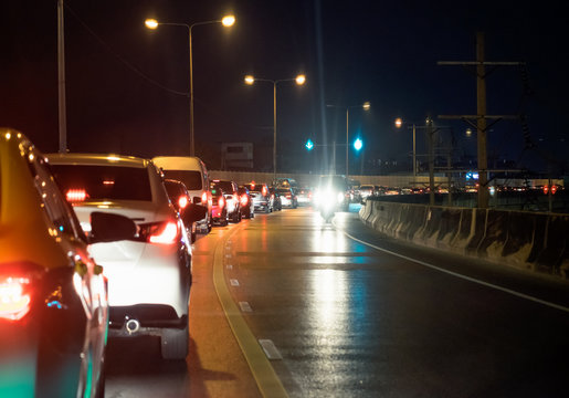 Traffic jams on the road at night in bangkok