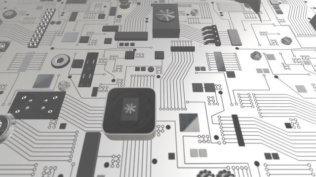 Seamless looping 3D animation of a white futuristic circuit board with a skull icon