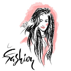 Modern girl sketch. Woman with long hair. Vector illustration