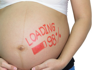Pregnant Asian Woman with painted brush word - loading and figur