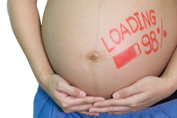 Pregnant Asian Woman with painted brush word - loading and figur