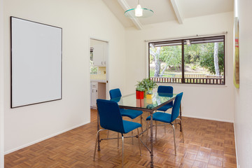 Modern Minimalistic Dining Room with Wooden Floor and copy space