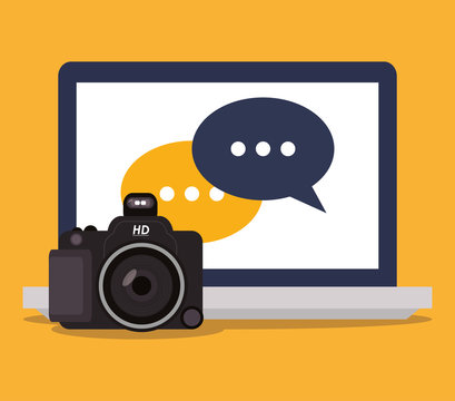Laptop bubble and camera icon. Digital marketing ecommerce shopping online and media theme. Colorful design. Vector illustration