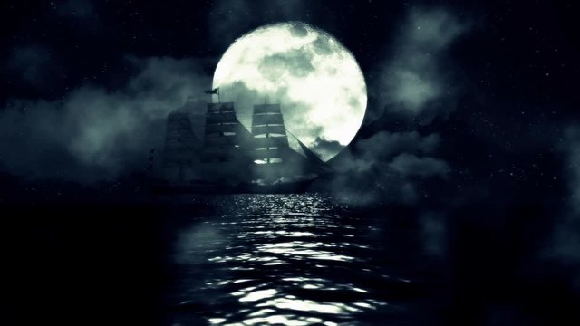A Sailing ship on a Full Moon Night Moves Slow Between the Waves and Fog