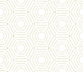Geometric repeating vector ornament with hexagonal golden dotted elements. Seamless abstract modern pattern