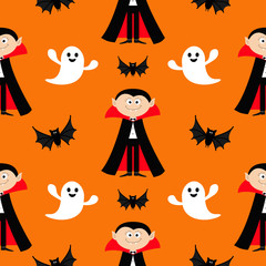 Seamless Pattern Count Dracula, flying bat, ghost spirit . Cute cartoon vampire character with fangs. Happy Halloween texture. Flat design. Orange background.