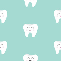 Seamless Pattern Tooth health. Cute funny cartoon smiling character. Oral dental hygiene. Children teeth care. Baby texture. Flat design. Blue background.