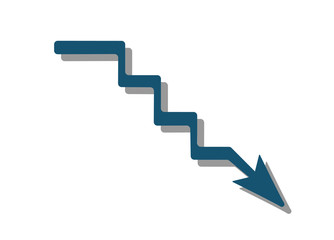 Blue arrow pointing downwards showing crisis. Vector illustration