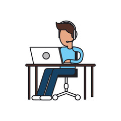 Fototapeta premium Operator man with laptop icon. Call center technical service and online support theme. Isolated design. Vector illustration