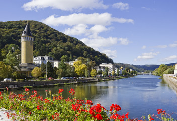 water tower at the riverside in bad ems, spa town at the lahn river in germany