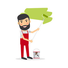 Man make repairs in the apartment painting the wall. Vector illustration