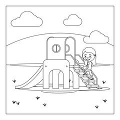 Coloring book page design with kid on playground. Vector illustration