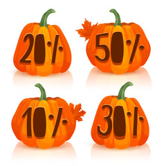 Carve a pumpkin for autumn sale. The design of orange pumpkins with percent discounts. Set pumpkin for autumn offer. Vector.