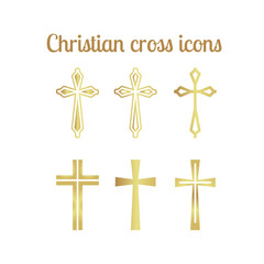 Golden christian cross icons isolated on white. Vector illustration