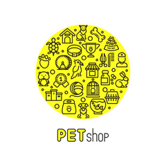 Pet shop and vet clinic vector logo with line icons of cats, dogs, goods for animals