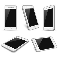 Realistic white smartphone, cell phone vector mockups isolated