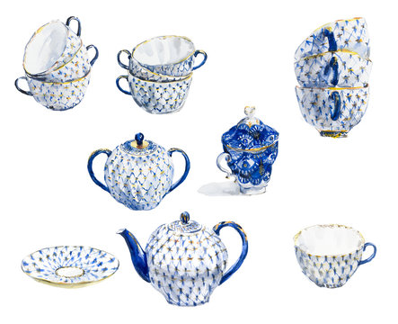 Tea service. Set of beautiful porcelain. Water color hand drawn illustration. Collection utensil.