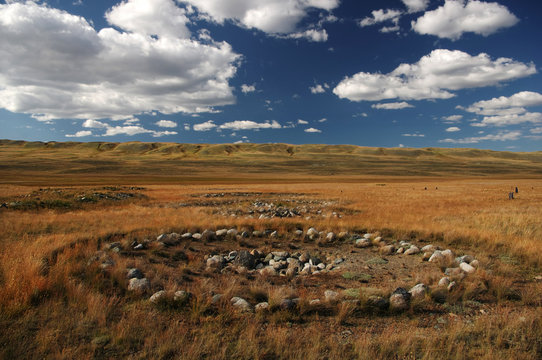 Archaeological excavations on the site of ancient Scythian burials of Pazyryk culture on the river Ak-Alakha, where was found the mummy of a shaman, Plateau Ukok, Altai mountains, Siberia, Russia