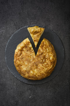 Spanish potato omelette sliced and served on a plate