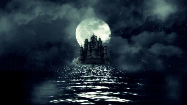Magical Castle in the Middle of the Sea on a Beautiful Night with a Full Moon