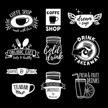 Set retro vintage logos for coffee shop, tea bar. Logos with juice, smoothies and a cup of tea. Symbol, label, badge for store with drinks. Silhouettes of utensils for the cafe. Vector.