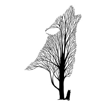 Wolf howl blend tree drawing tattoo vector
