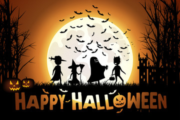Illustration of Children in colorful costumes go trick-or-treating on Halloween