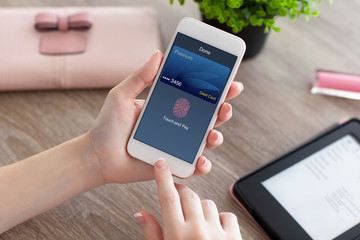 female hands holding phone with debit card touch and pay