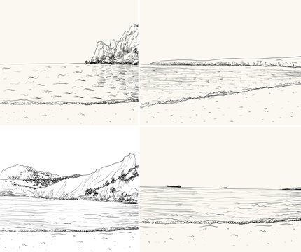 Vector summer seascape sketch. Seaside view and beach