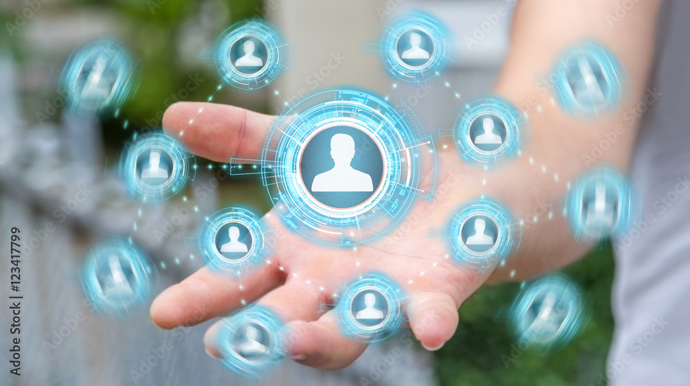 Poster businessman using blue social network 3d rendering