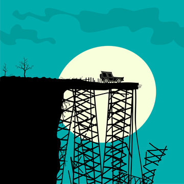 Car And Broken Bridge Vector Illustration