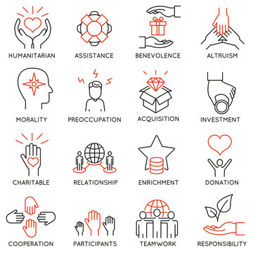 Vector set of 16 thin icons related to altruism, benevolence, human responsible and beneficence. Altruism, Benevolence Icons. Mono line pictograms and infographics design elements - part 1