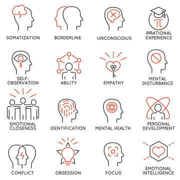 Vector set of 16 modern thin line icons related to mental features of human brain process, mental disorders. Simple Mono line pictograms and infographics design elements and symbols - part 1