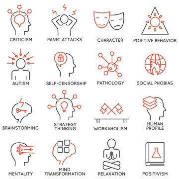 Vector set of 16 modern thin line icons related to mental features of human brain process, mental disorders. Simple Mono line pictograms and infographics design elements and symbols - part 2