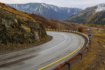 road mountains autumn fog curve