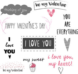 Beautiful Valentines day lettering set. Vector illustration.Calligraphy postcard or poster graphic design lettering element. I love you. Be my Valentine.