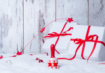 Christmas background with red baubles,snow and snowflakes, free space for text. Christmas decoration. 