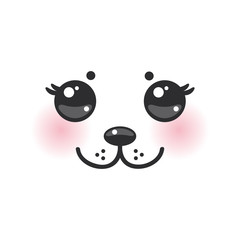 Kawaii funny albino animal white muzzle with pink cheeks and big black eyes. Vector