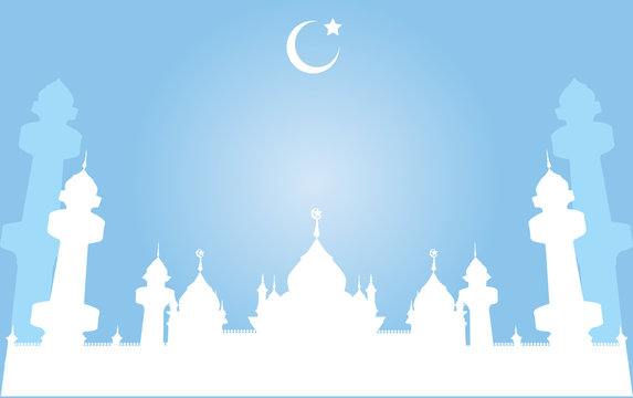 Jamiah Patani Mosque, Silhouette White Mosque in Bright night Background with Crescent Moon, Vector Illustration 