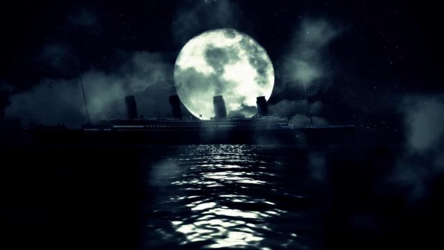 The Titanic Ship Sailing in the Sea on a Full Moon Night