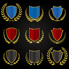 Collection of Blue Red Black Shields with different styles of La